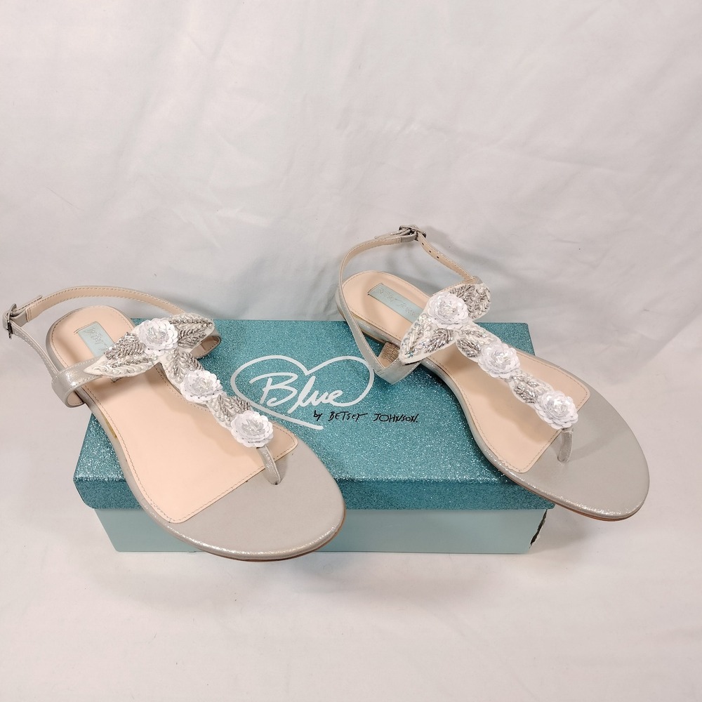 Blue by Betsey Johnson Camil Silver Shimmer Beaded Floral Flat Sandals